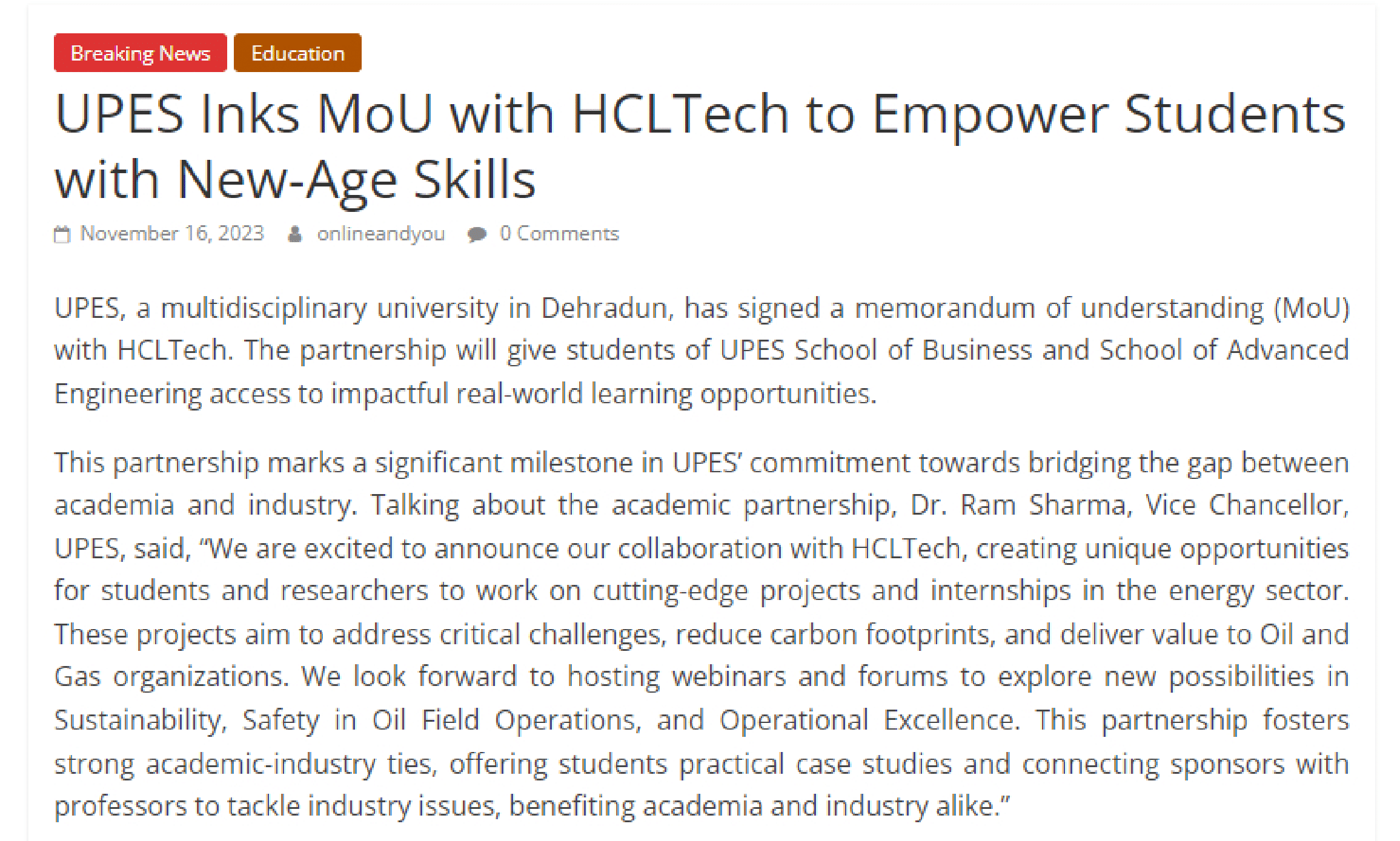 UPES Inks MoU with HCLTech to Empower Students with New Age Skills   OnlineAndYou-1