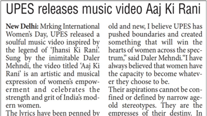 UPES Releases music Video Aaj Ki Rani_The Pioneer