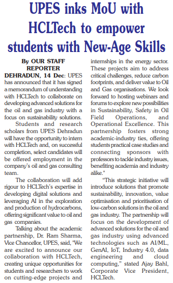 UPES inks MoU with HCLTech to empower students with New-Age Skills (Garhwal Post)