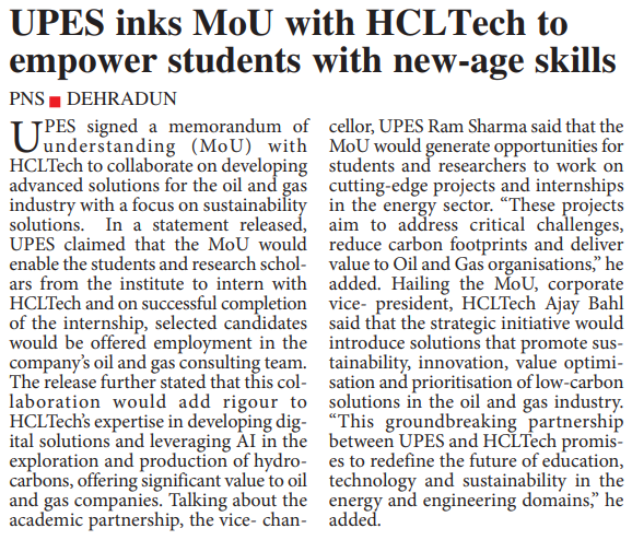 UPES inks MoU with HCLTech to empower students with new-age skills (The Pioneer)