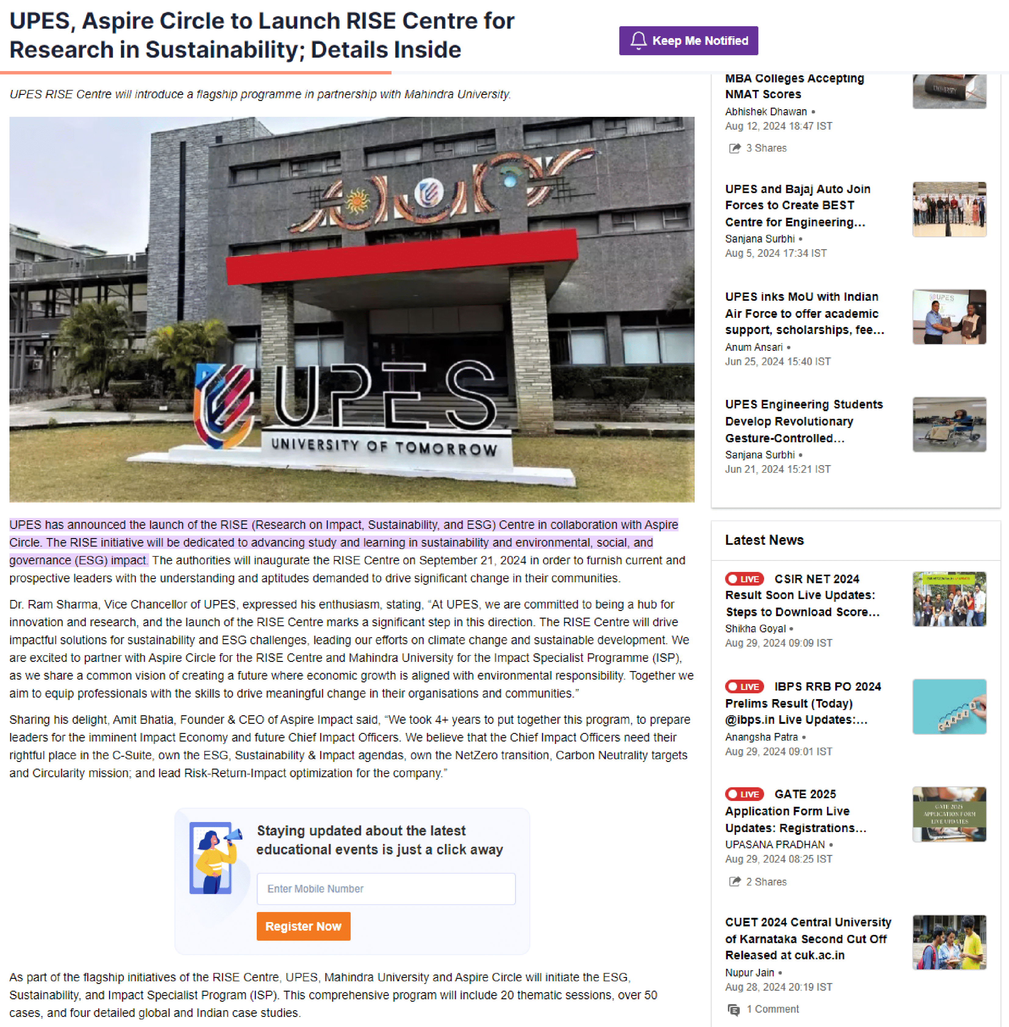 RISE and ISP - UPES Aspire Circle to Launch Rise Centre for Research in Sustainability Shiksha