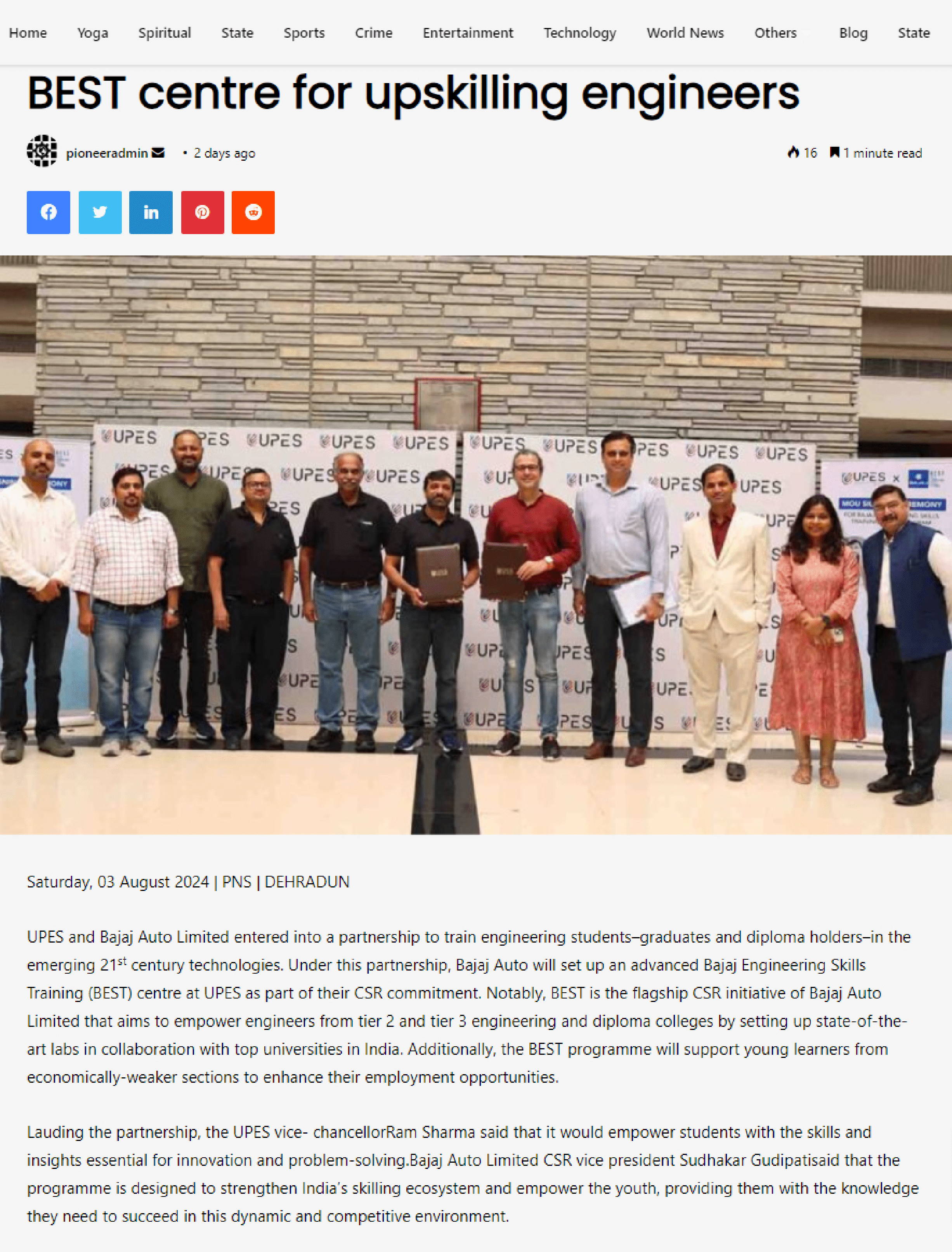 Bajaj - Auto partner to establish best centre for upskilling engineering Pioneer Edge
