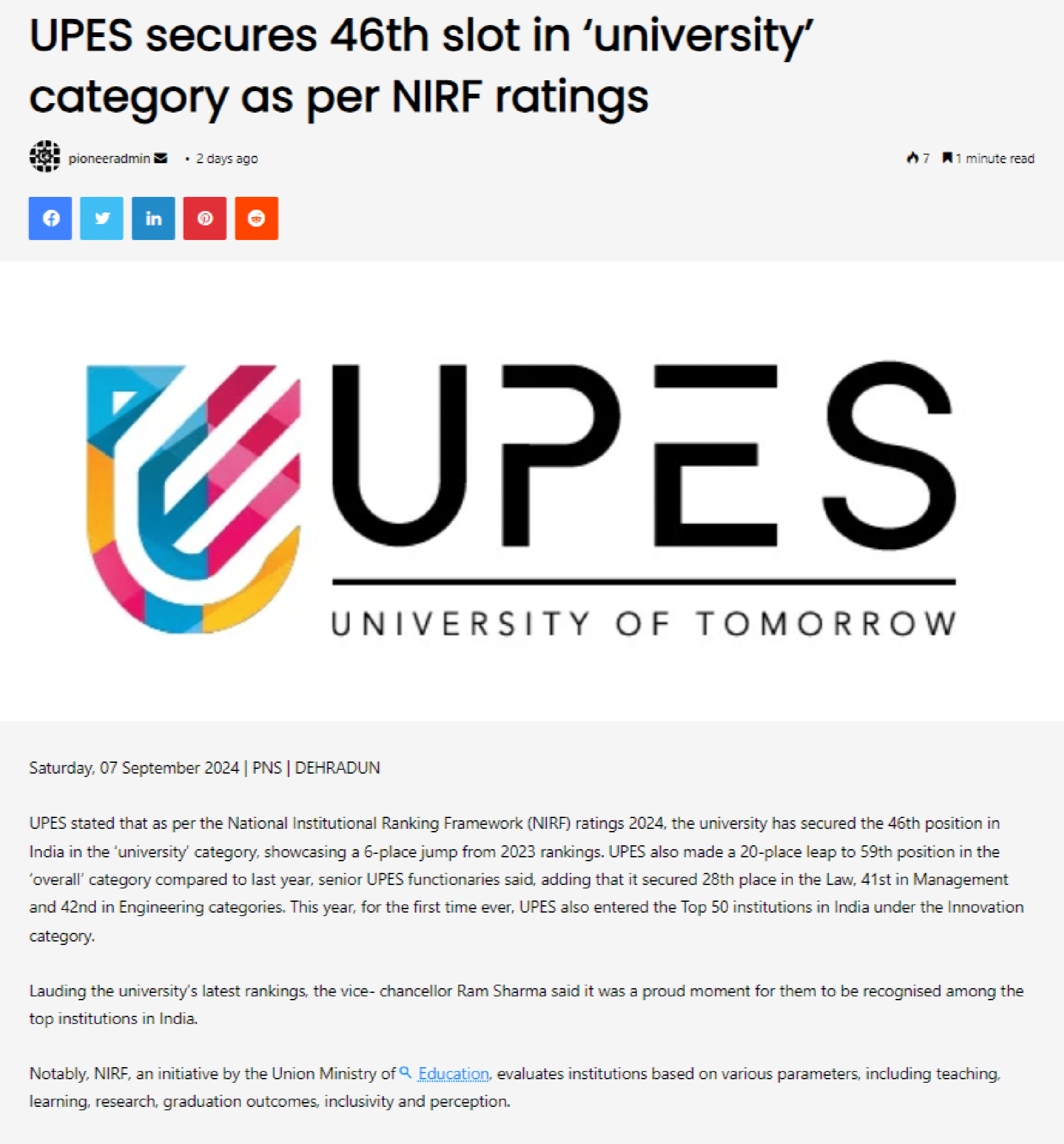 NIRF - Upes Secures 46th slot in 'university' category as per NIRF rating Pioneer Edge