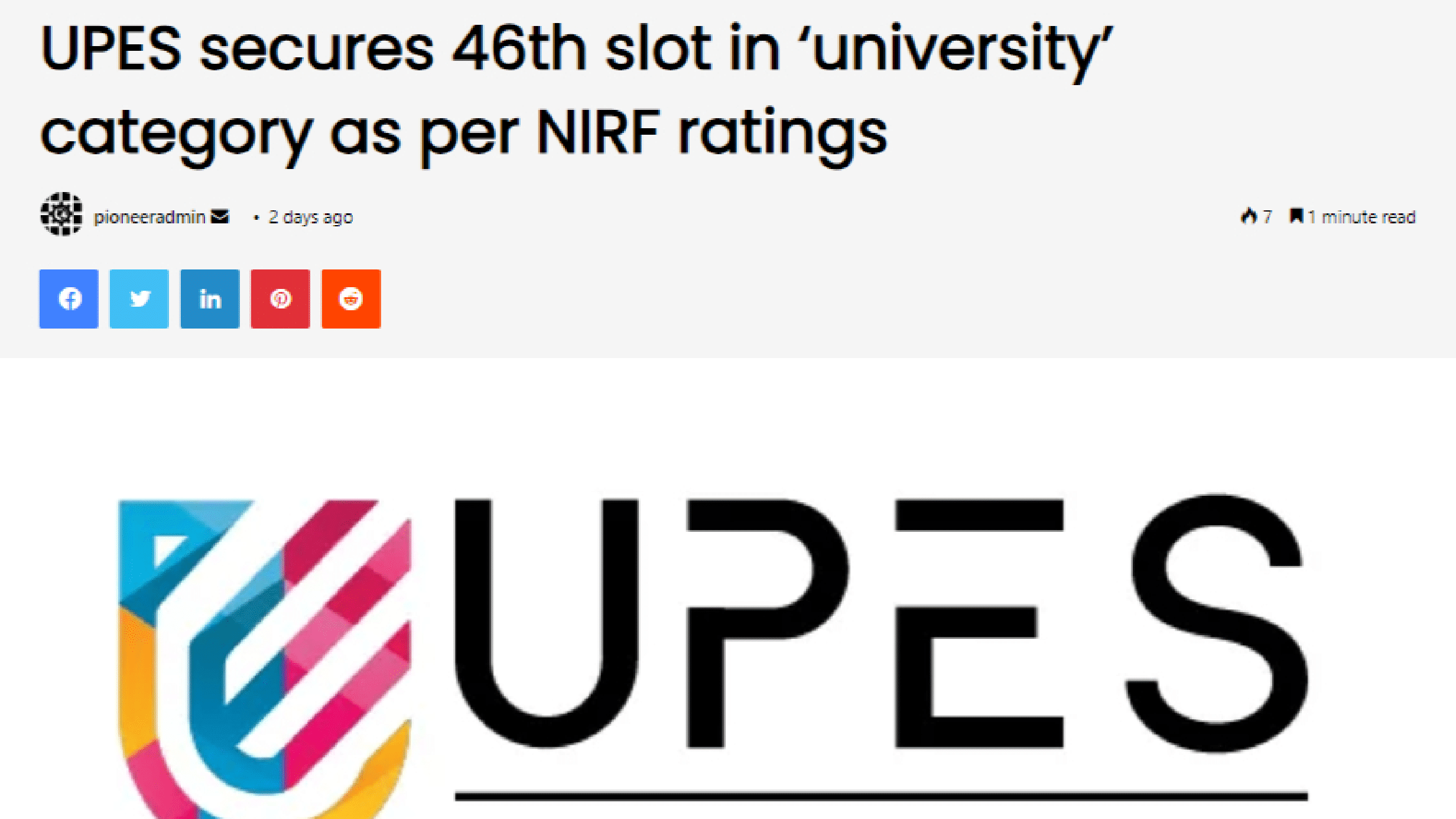 NIRF -UPES secures 46th slot in ‘university’ category as per NIRF ratings_Pioneer Edge-1